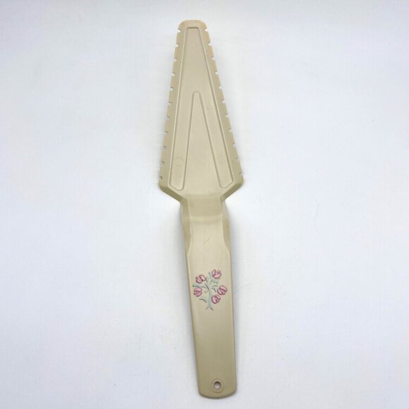 Vintage Tupperware Pie Server Tulip Print Beige Plastic Cutter - Picture 1 of 7
